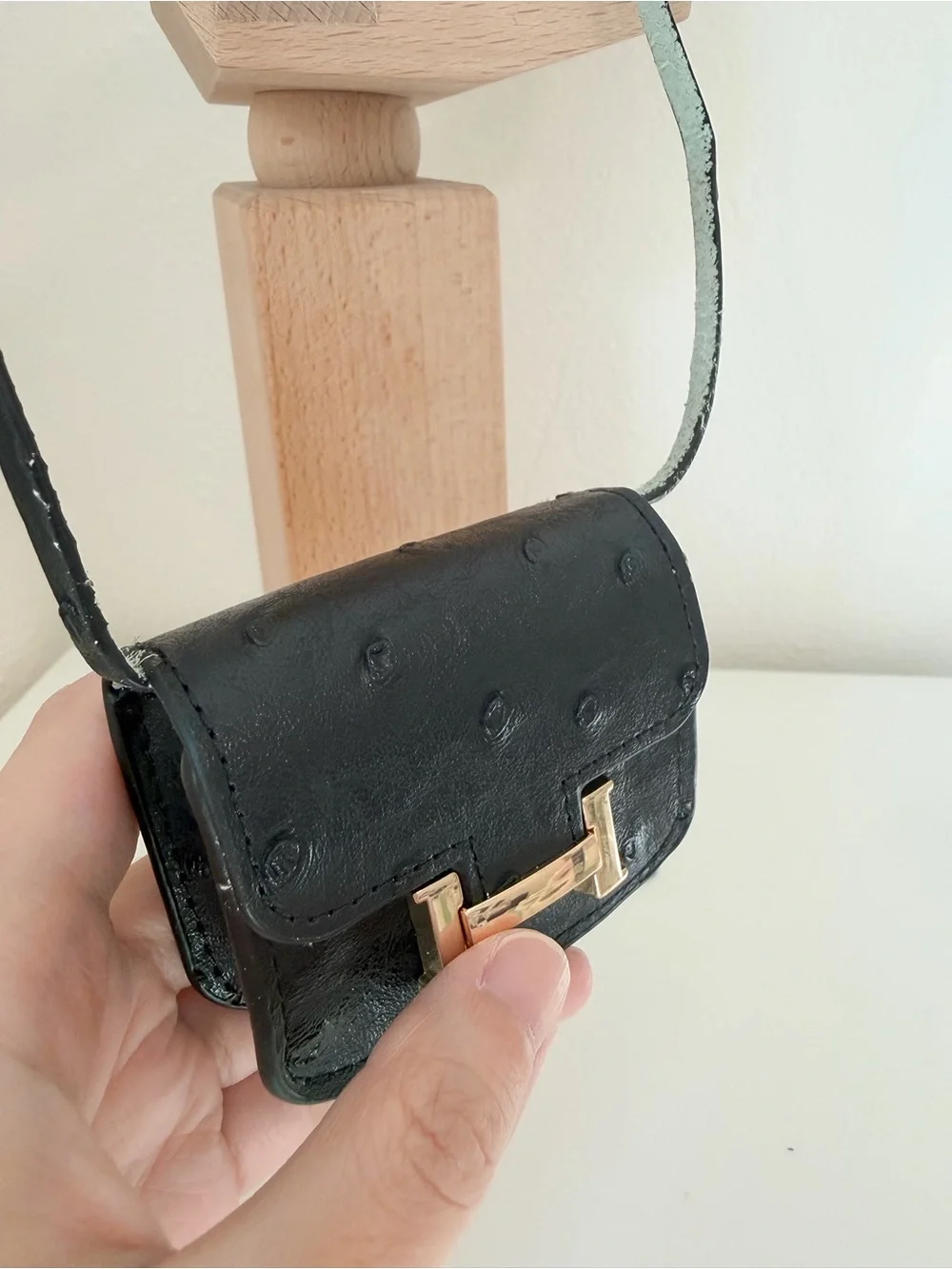 Mini Black Ostrich-Textured Crossbody Bag Charm